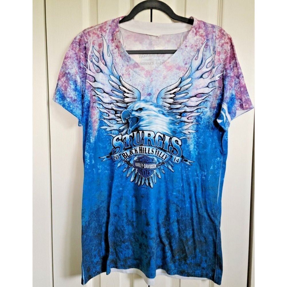 Sturgis 2014 Women's L Black Hills Bike Rally Motorcycle Blue Tie Dye Large